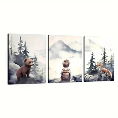 3pcs Bears Forest Wildlife & Mountain Peaks Wall Art Canvas Unframed - High Quality Print 100% Australian Made Wall Canvas - Bella Home Decor