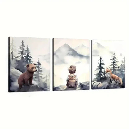 3pcs Bears Forest Wildlife & Mountain Peaks Wall Art Canvas Unframed - High Quality Print 100% Australian Made Wall Canvas - Bella Home Decor