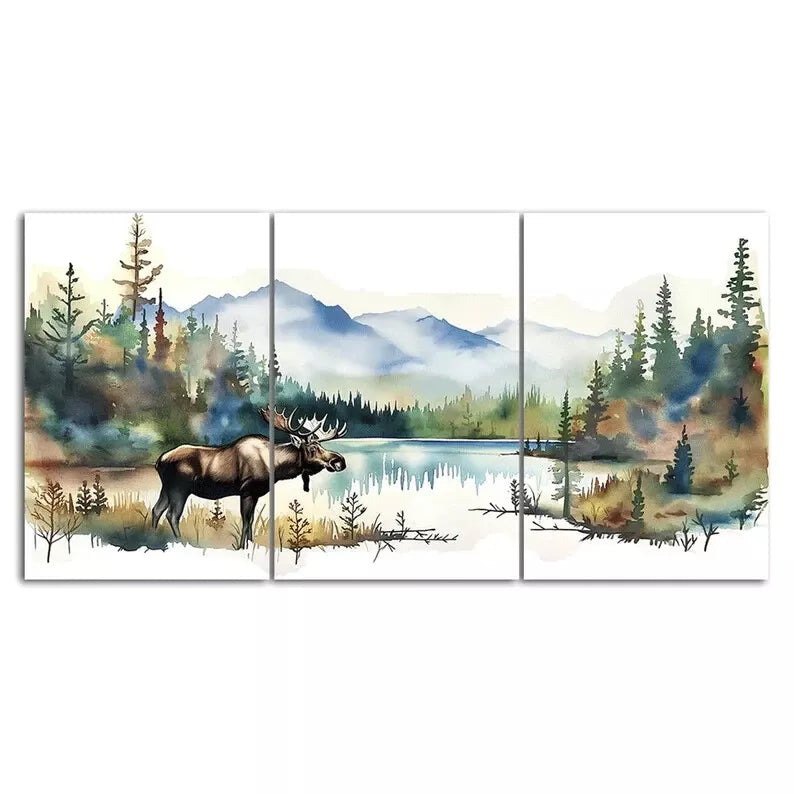 Water Color Moose Lake 3 Piece Canvas Framed 40x60cm - High Quality Print 100% Australian Made Wall Canvas Ready to Hang - Bella Home Decor