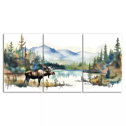 Water Color Moose Lake 3 Piece Canvas Framed 40x60cm - High Quality Print 100% Australian Made Wall Canvas Ready to Hang - Bella Home Decor