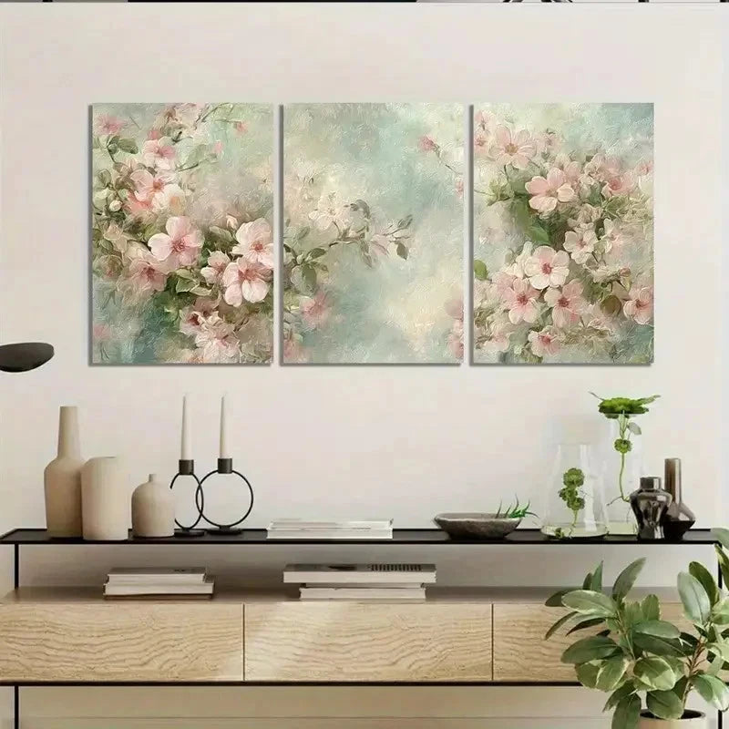 3pcs Vintage Floral Wallpaper Pastel Pink Wall Art Set Canvas Framed 40x60cm - High Quality Print 100% Australian Made Wall Canvas Ready to Hang