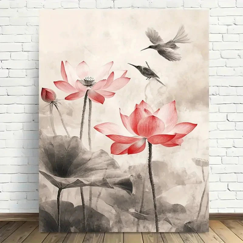 Beautiful Elegant For Lotus Blossom & Birds Painting 40x60cm Metal Print Ready to Hang - Bella Home Decor
