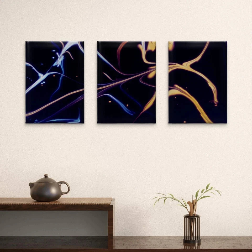 3pcs Blue and Gold Neon Swirl Dark Abstract Wall Art Set Canvas Framed 50x70cm - High Quality Print 100% Australian Made Wall Canvas Ready to Hang