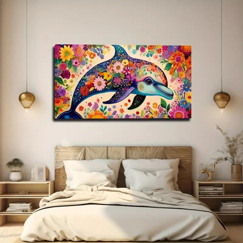 Flower Patterns A Dolphin Wall Art Canvas Office Home Room Framed 120x60cm