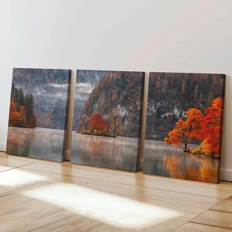 3pcs Autumn Forest Lake & Trees Nature Wall Art Set Canvas Framed 50x70cm - High Quality Print 100% Australian Made Wall Canvas Ready to Hang - Bella Home Decor