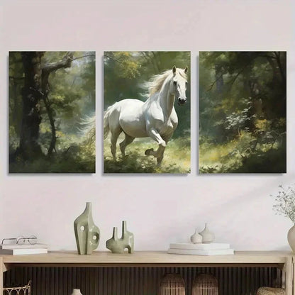3pcs Majestic White Horse Running Metal Print Ready to Hang Art