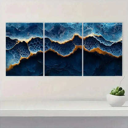 3pcs Shades of Indigo & Honeycomb Design Q Wall Art Set Canvas Framed 60x90cm - High Quality Print 100% Australian Made Wall Canvas Ready to Hang