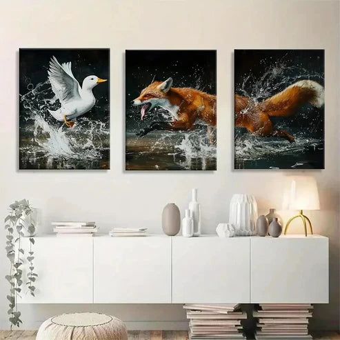3pcs Fox & Duck Nature Scene with Splash Water Wall Art Set Canvas Unframed - High Quality Print 100% Australian Made Wall Canvas - Bella Home Decor