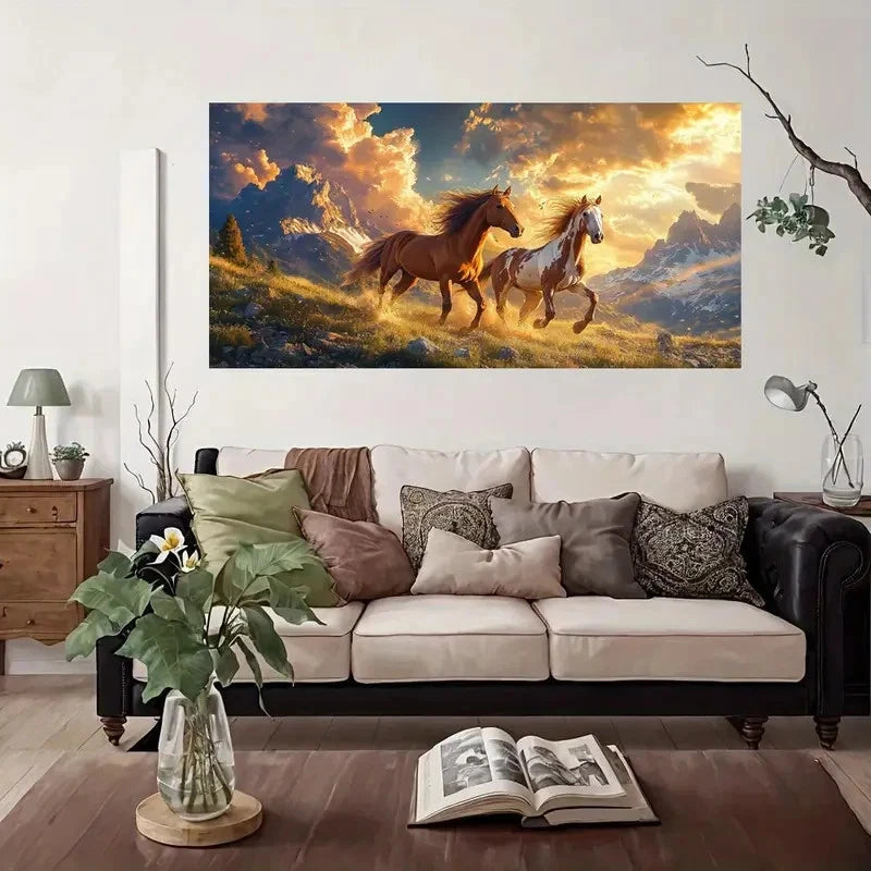 Wild Horses In Mountain Wall Art Canvas Office Home Room Framed 120x60cm