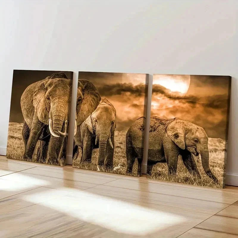 3pcs African Savanna Elephant Modern Wall Art Set Canvas Framed 50x70cm - High Quality Print 100% Australian Made Wall Canvas Ready to Hang - Bella Home Decor