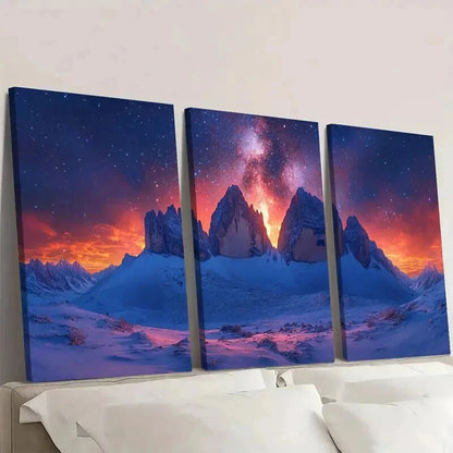 3pcs Starry Sky and Snow Capped Mountains Wall Art Set Canvas Framed 40x60cm - High Quality Print 100% Australian Made Wall Canvas Ready to Hang - Bella Home Decor