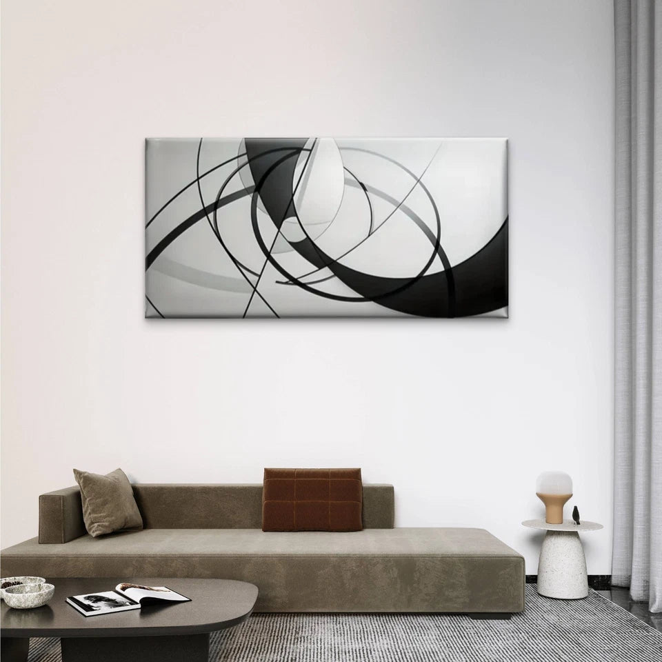 Black White Circular Design Wall Art Canvas Office Home Room Framed 120x60cm - Bella Home Decor