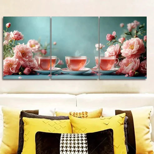 3pcs Flowers and tea cups Colorful White Background  Wall Art Set Canvas Unframed - High Quality Print 100% Australian Made Wall Canvas - Bella Home Decor