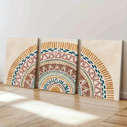 3pcs Bohemian Blue Green Orange & White Patterns Wall Art Set Canvas Framed 50x70cm - High Quality Print 100% Australian Made Wall Canvas Ready to Hang - Bella Home Decor