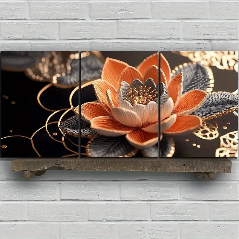 3pcs Water Lily Trio Golden Silver Modern Metal Print Ready to Hang Art - Bella Home Decor