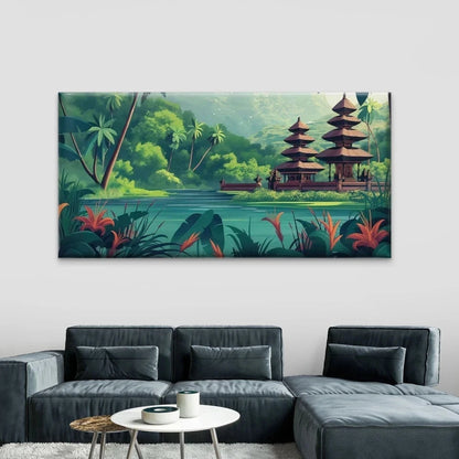 Tropical Jungle Temple Wall Art Canvas Office Home Room Framed 120x60cm