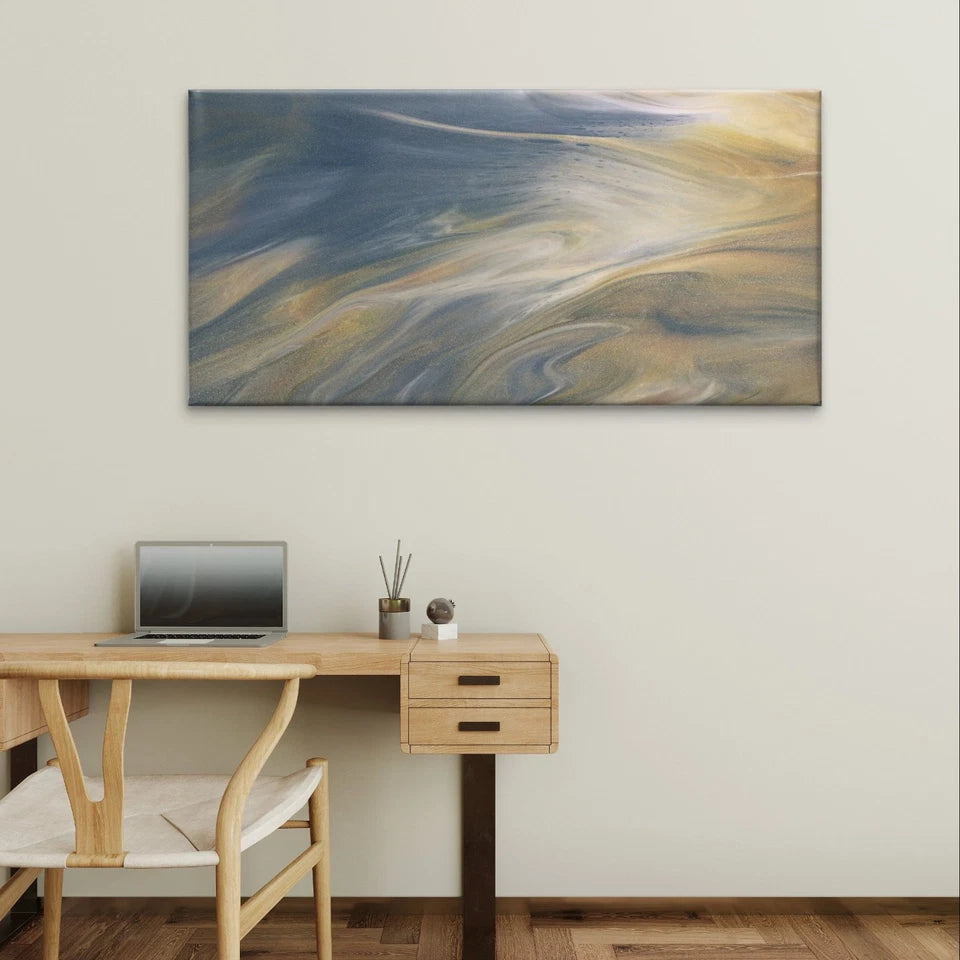 Modern Abstract Blue and Gold Fluid Wall Art Canvas Office Home Framed 120x60cm