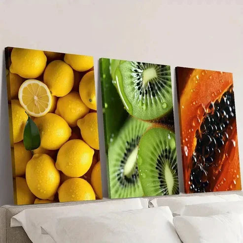 3pcs Tropical Lemon and Papaya Kiwi Poster Wall Art Set Canvas Unframed - High Quality Print 100% Australian Made Wall Canvas