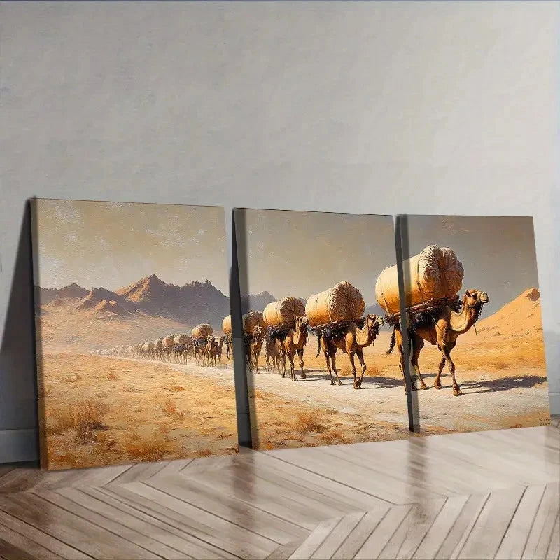 3pcs Camel Caravan Wall Art Set Canvas Framed 50x70cm - High Quality Print 100% Australian Made Wall Canvas Ready to Hang - Bella Home Decor