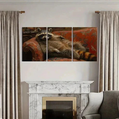 3pcs Raccoon Lying In Ornate Armchair Wall Art Canvas Unframed - High Quality Print 100% Australian Made Wall Canvas