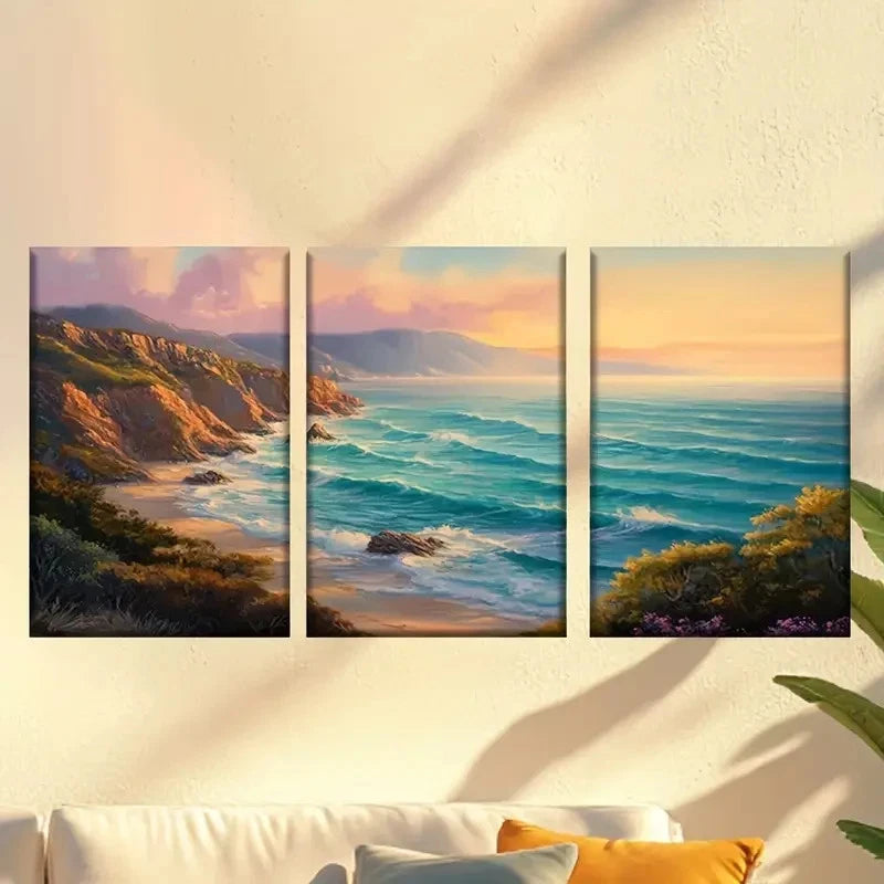 3pcs  Painting of a Beach Scene with Waves  Wall Art Set Canvas Framed 60x90cm - High Quality Print 100% Australian Made Wall Canvas Ready to Hang - Bella Home Decor