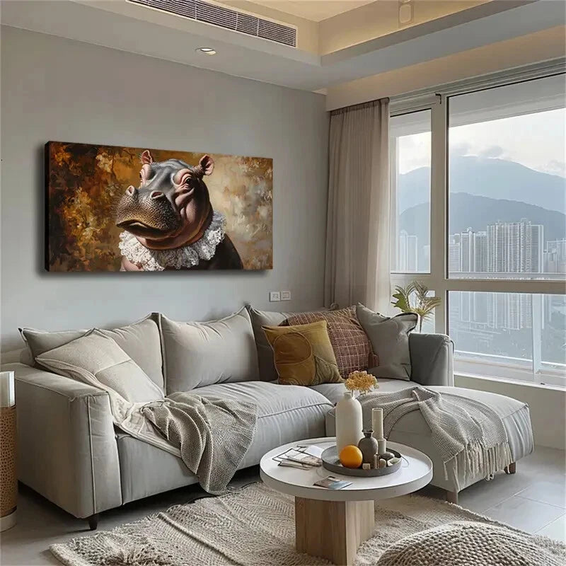 Charming Hippo White Lace Wall Art Canvas Office Home Room Framed 120x60cm - Bella Home Decor