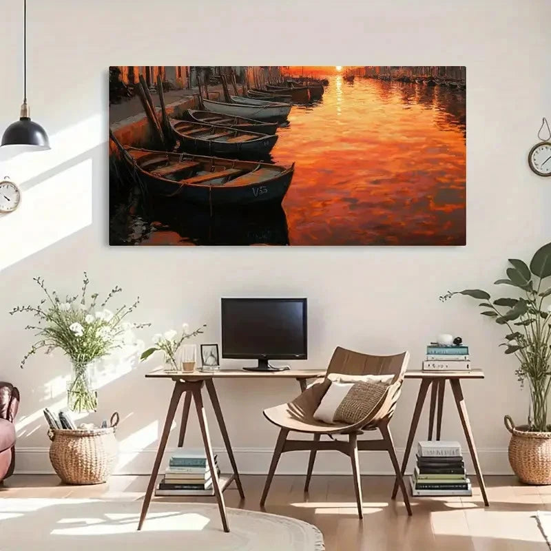 Nature Reflection Sunset Boats Wall Art Canvas Office Home Room Framed 120x60cm - Bella Home Decor