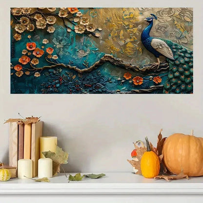Vibrant Peacock & Floral Wall Art Canvas Office Home Room Framed 120x60cm