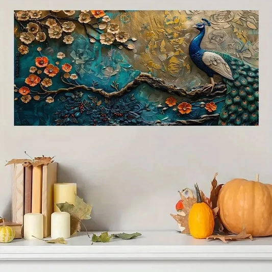 Vibrant Peacock & Floral Wall Art Canvas Office Home Room Framed 120x60cm