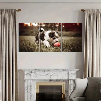 3pcs Puppy Playing Ball On Lawn Decor Wall Art Set Canvas Framed 60x90cm - High Quality Print 100% Australian Made Wall Canvas Ready to Hang