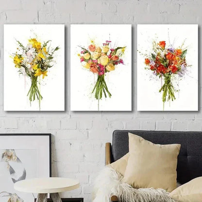 3pcs Colorful Floral Murals with Green Stems Wall Art Set Canvas Wall Art Canvas Unframed - High Quality Print 100% Australian Made Wall Canvas - Bella Home Decor