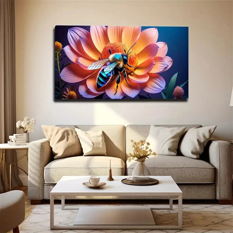Vibrant Bee And Flower Wall Art Canvas Office Home Room Framed 120x60cm