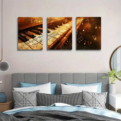 3pcs Vintage Piano Music Notes Golden Accents Metal Print Ready to Hang Art