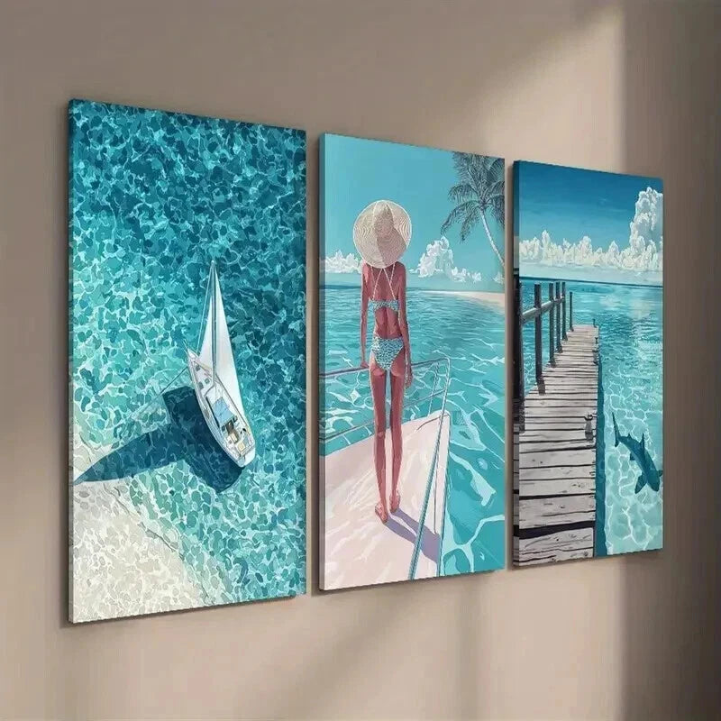 3pcs Beach & Serene Ocean Scene with Sailboat Wall Art Set Canvas Framed 60x90cm - High Quality Print 100% Australian Made Wall Canvas Ready to Hang