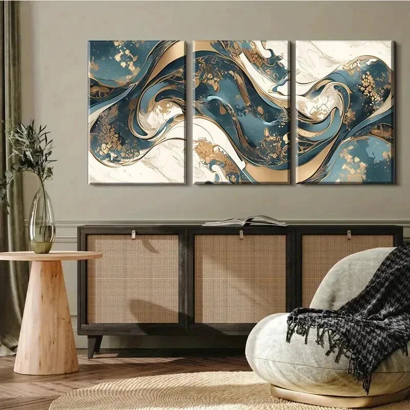 3pcs Golden & White Waves Dynamic Perfect Wall Art Set Canvas Framed 60x90cm - High Quality Print 100% Australian Made Wall Canvas Ready to Hang - Bella Home Decor