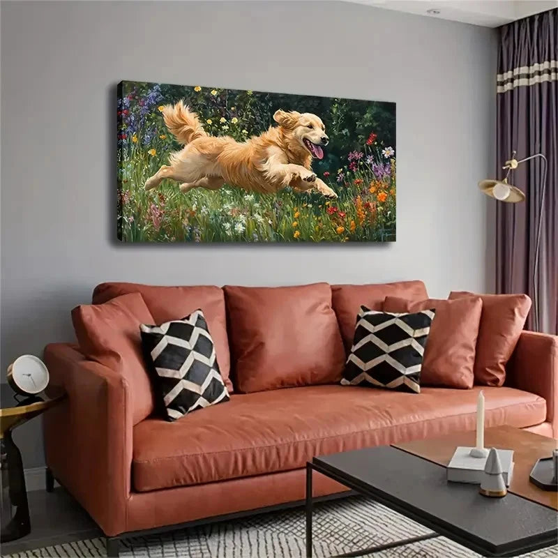 Golden Retriever Dog In Flower Wall Art Canvas Office Home Room Framed 120x60cm - Bella Home Decor