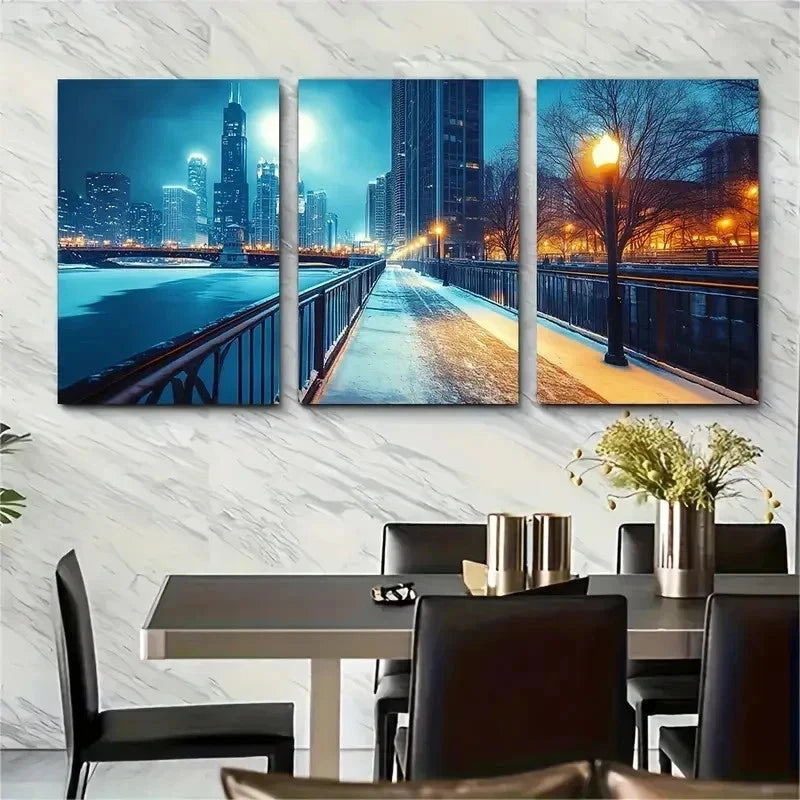 3pcs Chicago Skyline Vibrant Cityscape Perfect Wall Art Set Canvas Framed 50x70cm - High Quality Print 100% Australian Made Wall Canvas Ready to Hang - Bella Home Decor