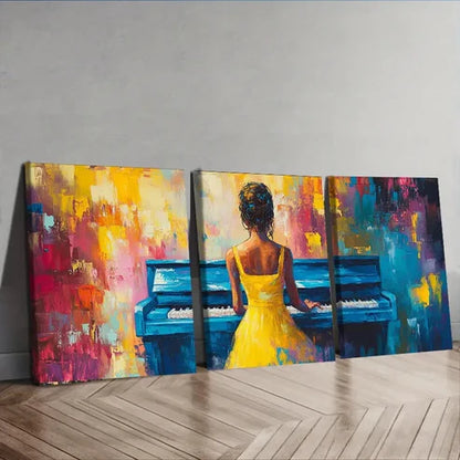 3pcs The Piano Player Colorful Music Themed Girl Art Set Canvas Unframed - High Quality Print 100% Australian Made Wall Canvas