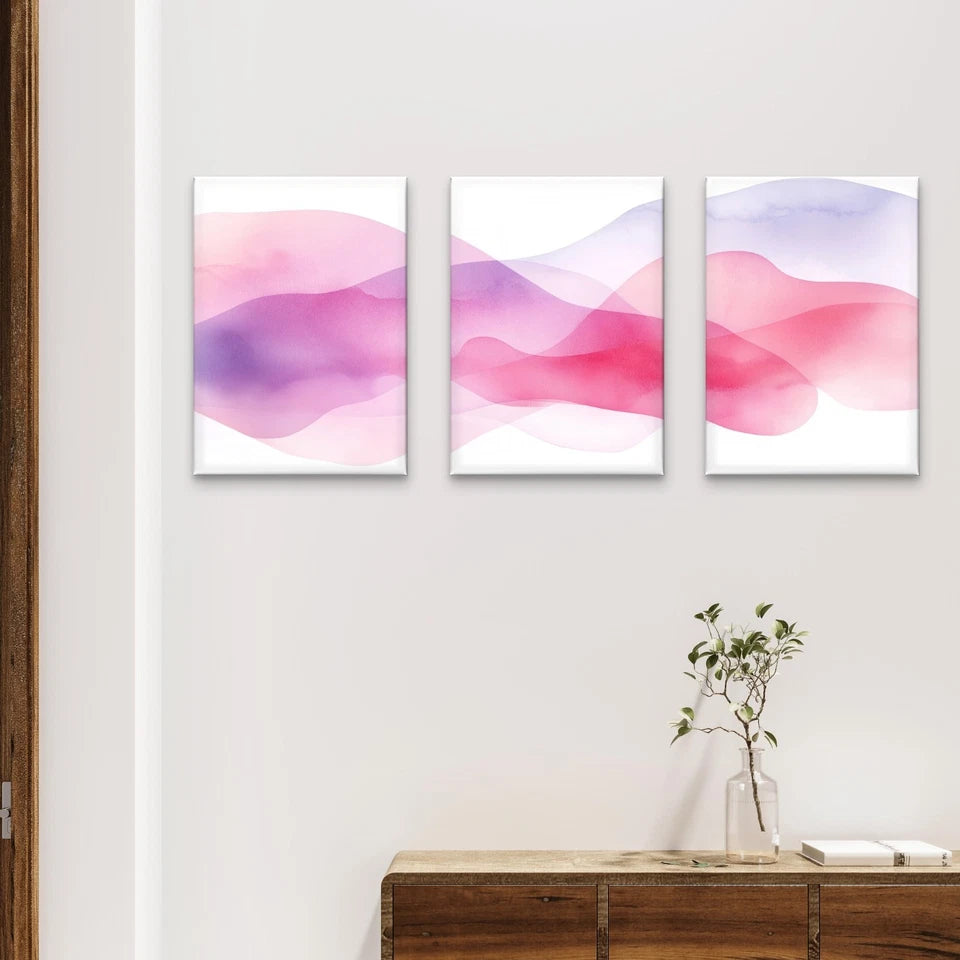 3pcs Pink and Purple Watercolour Wave Modern Wall Art Set Canvas Framed 50x70cm - High Quality Print 100% Australian Made Wall Canvas Ready to Hang