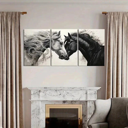 3pcs Black & White Horses Love Abstract Horses Wall Art Set Canvas Framed 50x70cm - High Quality Print 100% Australian Made Wall Canvas Ready to Hang - Bella Home Decor