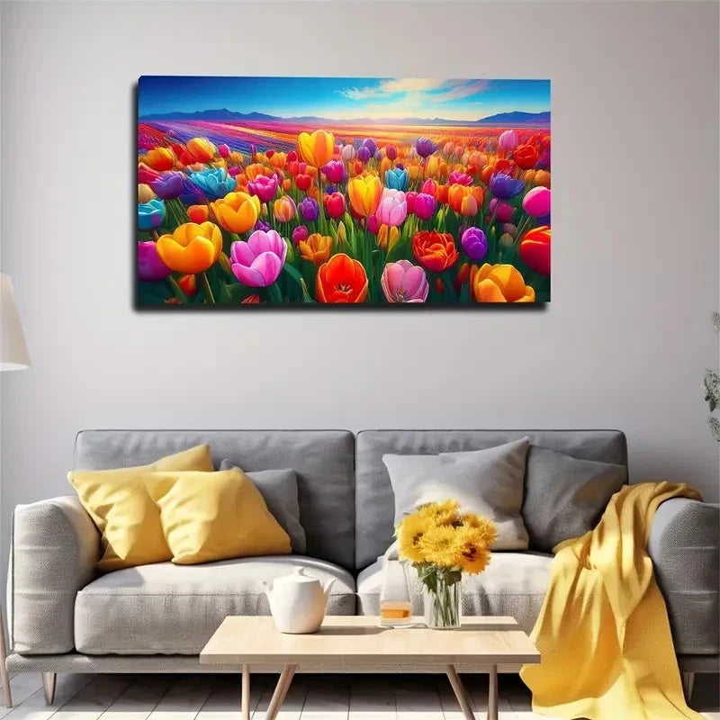 Vibrant Tulip Field Wall Art Canvas Office Home Room Framed 120x60cm