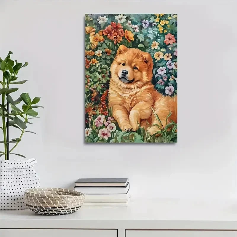 Adorable Chow Chow Puppy with Vibrant Flowers  40x60cm Metal Print Ready to Hang - Bella Home Decor