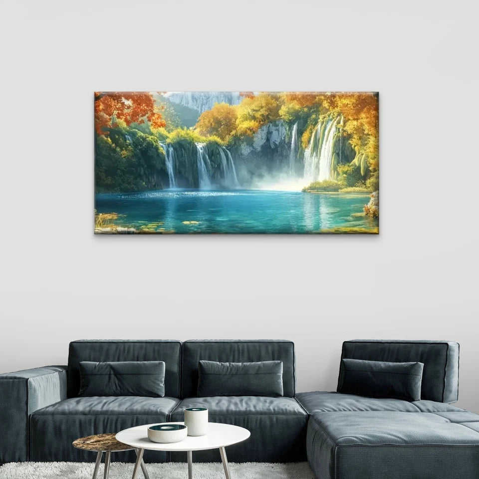 Vibrant Waterfall Modern Wall Art Canvas Office Home Room Framed 120x60cm