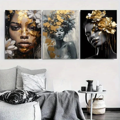 3pcs Black and Golden Abstract Female Metal Print Ready to Hang Art - Bella Home Decor