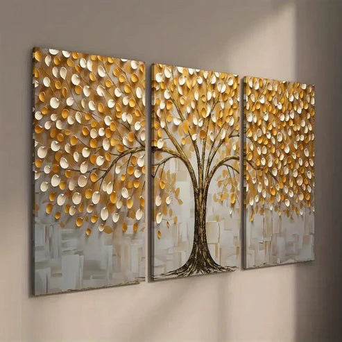 3pcs Golden Black and White Tree Texture Wall Art Set Canvas Unframed - High Quality Print 100% Australian Made Wall Canvas - Bella Home Decor