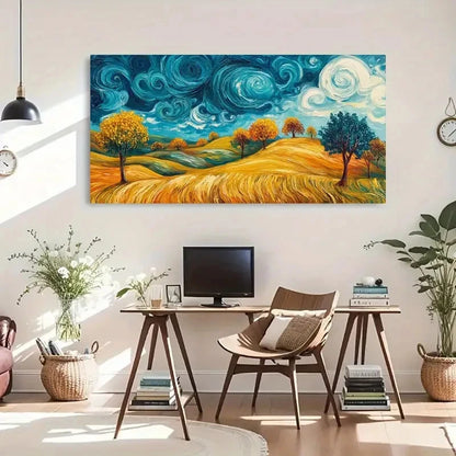 Yellow Field Swirling Sky Wall Art Canvas Office Home Room Framed 120x60cm - Bella Home Decor