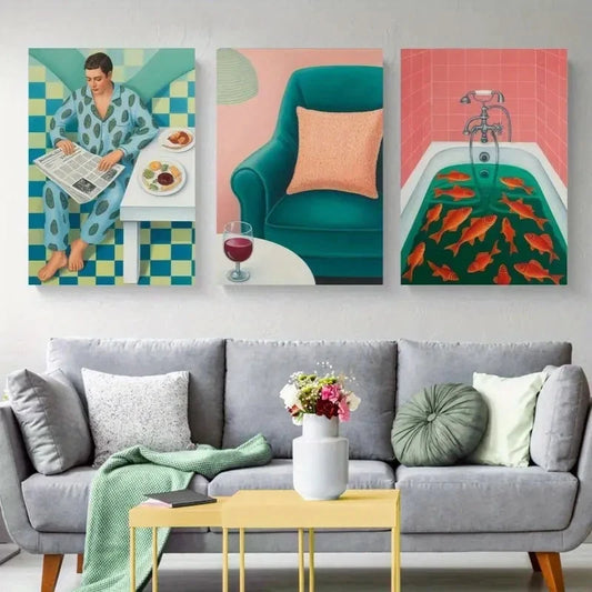3pcs Cartoon Illustrations of Man Wall Art Set Canvas Framed 40x60cm - High Quality Print 100% Australian Made Wall Canvas Ready to Hang