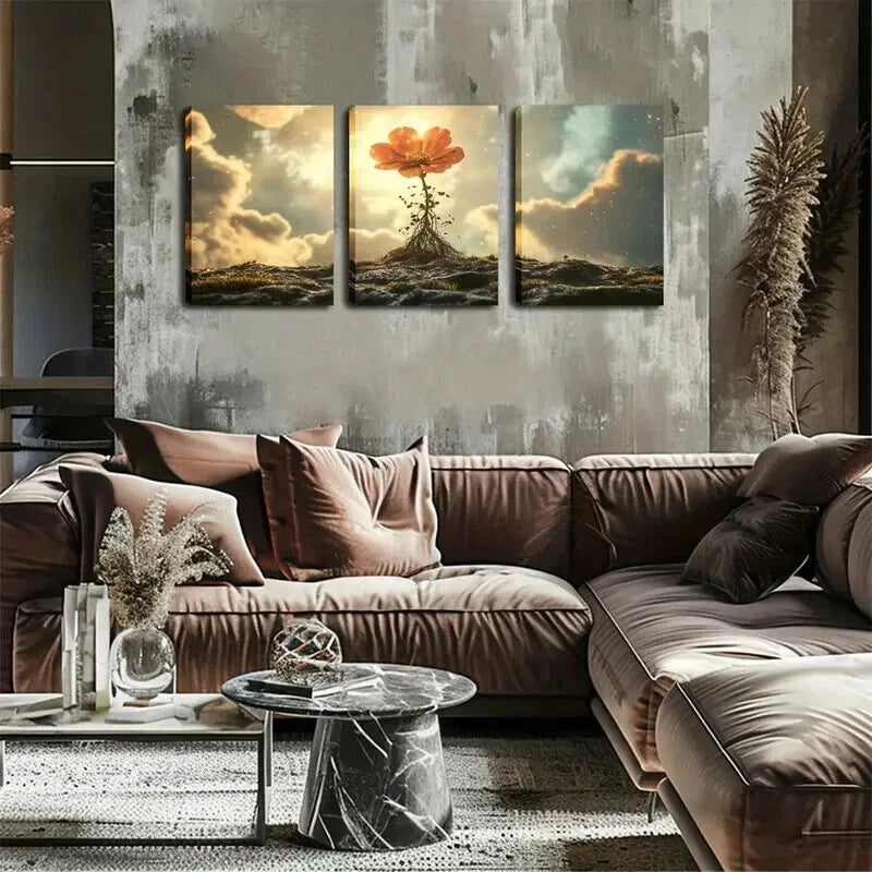 3pcs Vibrant Orange Flower On Rocks Perfect Wall Art Set Canvas Framed 50x70cm - High Quality Print 100% Australian Made Wall Canvas Ready to Hang - Bella Home Decor