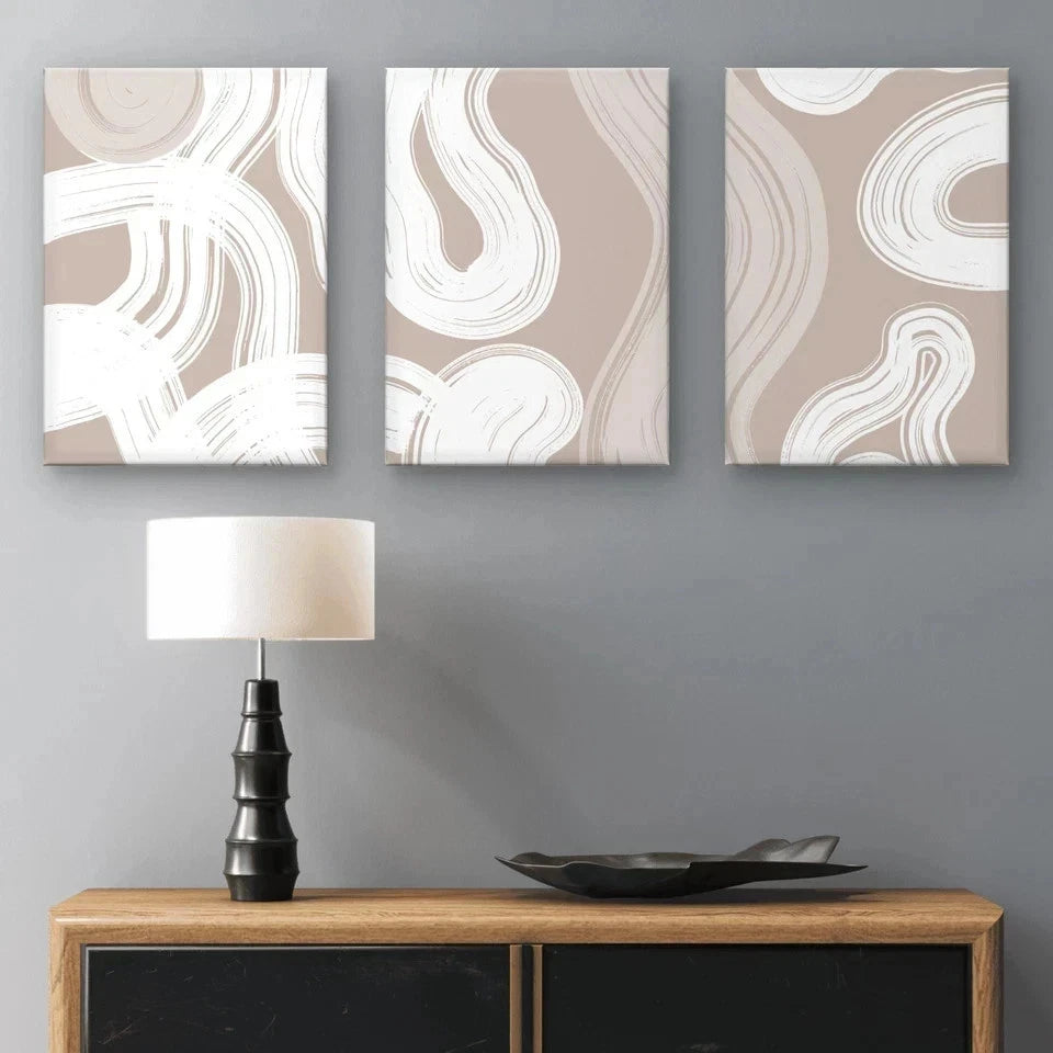 3pcs Neutral Abstract White Waves Wall Art Set Canvas Framed 60x90cm - High Quality Print 100% Australian Made Wall Canvas Ready to Hang