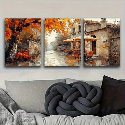 3pcs Autumn Townscape Painting Wall Art Set Canvas Framed 50x70cm - High Quality Print 100% Australian Made Wall Canvas Ready to Hang - Bella Home Decor